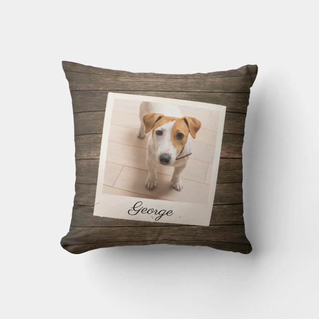 Pet Photo Frame Rustic Wood Personalized Throw Pillow (Front)