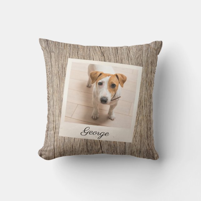 Pet Photo Frame Rustic Wood Personalized Throw Pillow (Front)
