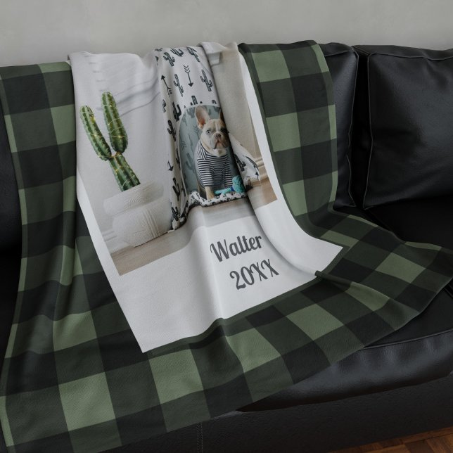 Pet Photo Green Black Buffalo Check Fleece Blanket (A buffalo check green blanket with space for your photo)