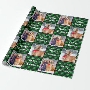 Pet Photo Green Buffalo Plaid Woof Merry Christmas Wrapping Paper