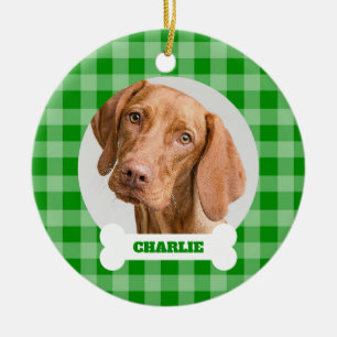 Pet Photo Green Plaid and Custom Name on Dog Bone Ceramic Ornament