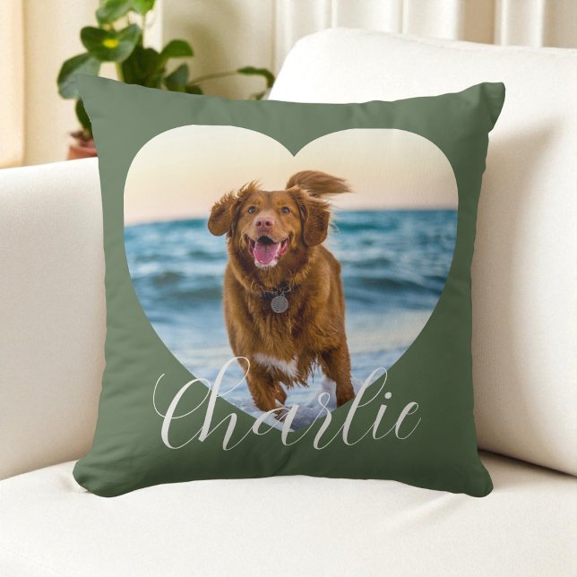 Pet Photo Green Script Cute Heart Personalized Dog Throw Pillow (Pet Photo Green Script Cute Heart Personalized Dog Throw Pillow)