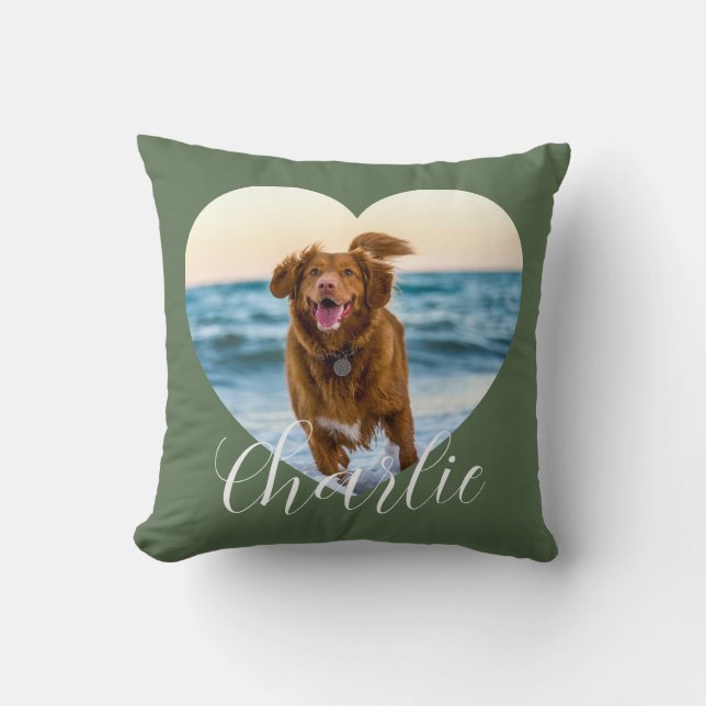 Pet Photo Green Script Cute Heart Personalized Dog Throw Pillow (Front)