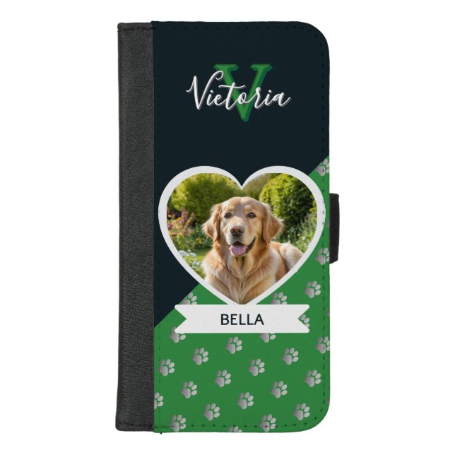 Pet Photo Heart Dog Pawprints Pattern Green iPhone Wallet Case (Front)