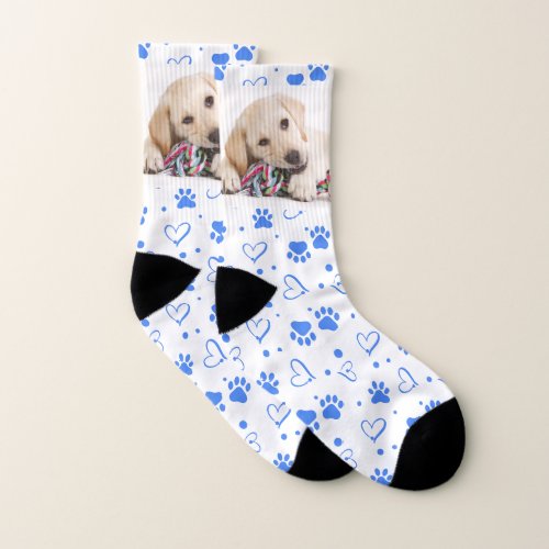 Pet Photo Hearts Paw Prints Blue Puppy Dog Socks