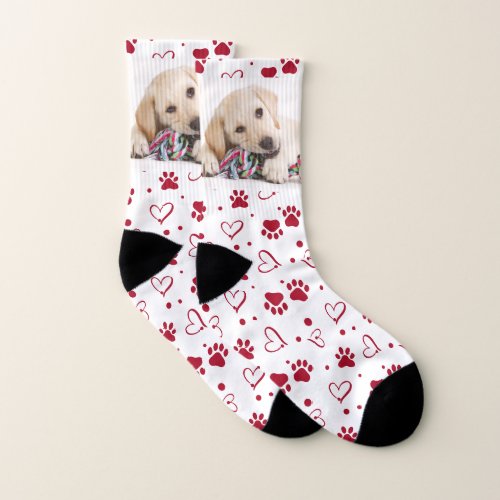 Pet Photo Hearts Paw Prints Red Puppy Dog Socks