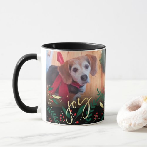 Pet Photo Joy Black Red Gold  Greenery Christmas  Mug