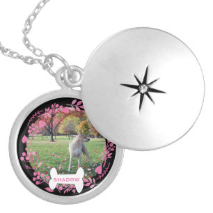 Pet Photo Keepsake Dog Bone Name Pink Black Wreath Locket Necklace
