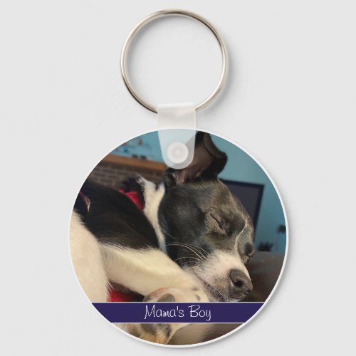 Pet Photo Keychain with Name in Purple and Blue 