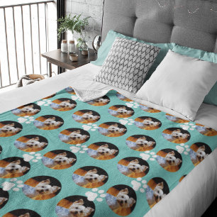 Pet Photo Light Teal w Paw Print Cute Modern Fleece Blanket
