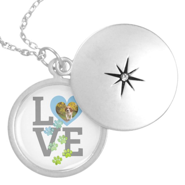 Pet Photo Love Blue Heart Paw Prints Keepsake Gift Locket Necklace (Front)