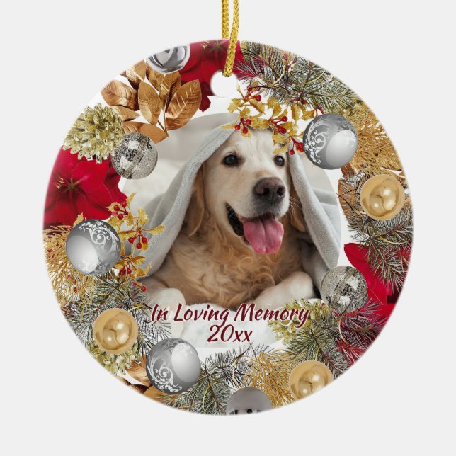 PET PHOTO MEMORIAL Christmas Wreath Customizable Ceramic Ornament (Front)