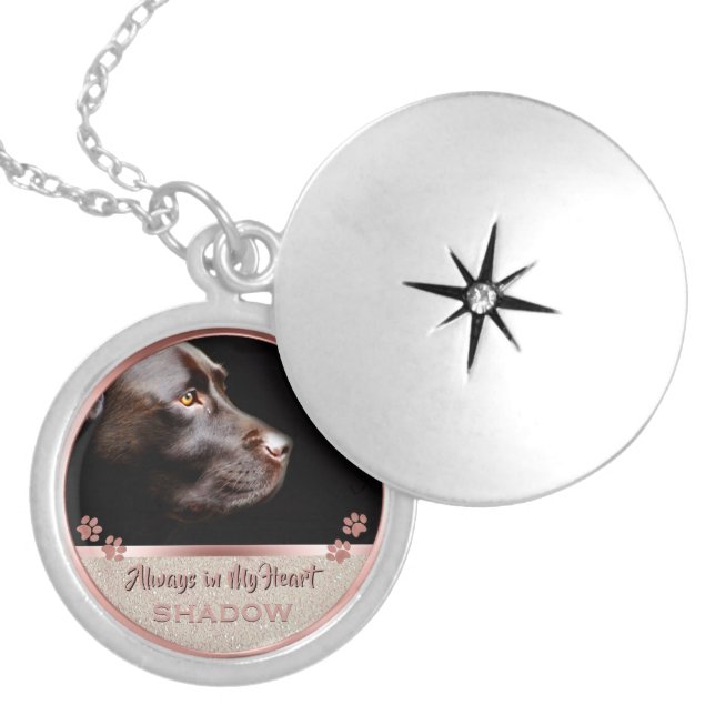 Pet Photo Memorial Glitter Rose Gold Paw Prints Locket Necklace (Front)