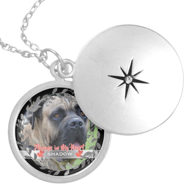 Pet Photo Memorial Name Botanical Wreath Keepsake Locket Necklace (Front)