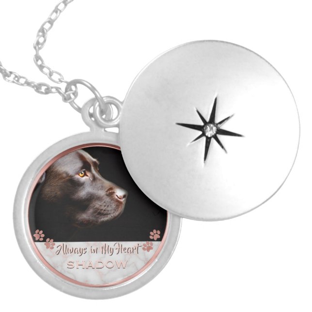 Pet Photo Memorial Paw Prints Rose Gold Marble Locket Necklace (Front)