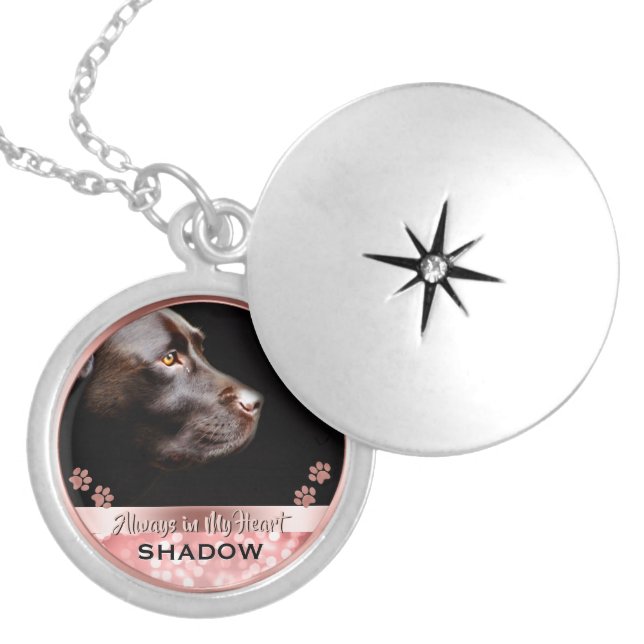Pet Photo Memorial Rose Gold Bokeh Paw Prints Locket Necklace (Front)