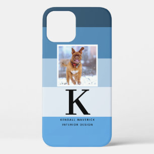 Pet Photo Modern Monogram Blue Colorbox Stripes iPhone 12 Case
