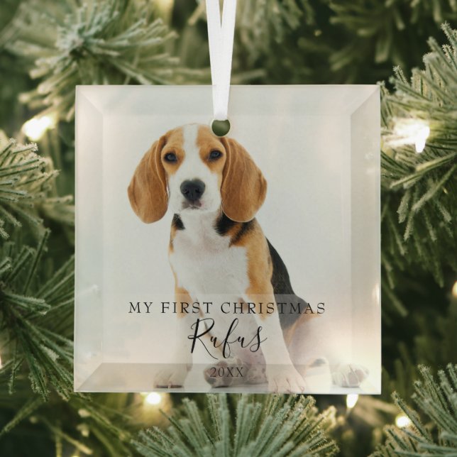  Pet Photo Modern Script My First Christmas  Glass Ornament (Insitu)