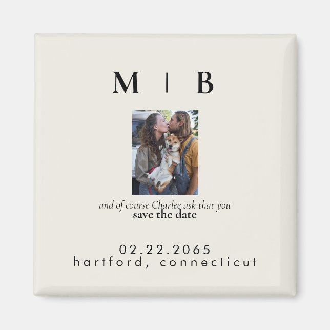 Pet Photo Monogram Cream Save the Date Wedding Magnet (Front)