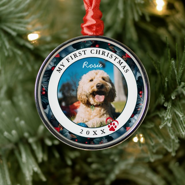 Pet Photo My First Christmas Dog Metal Ornament (Tree)