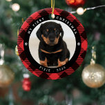 Pet Photo 'My First Christmas' Plaid Christmas Ceramic Ornament<br><div class="desc">Celebrate your pets 1st Christmas with this cute dog/cat photo ornament. Design features a traditional red buffallo plaid background,  a photograph of your pet and the text 'MY FIRST CHRISTMAS',  their name and year.</div>