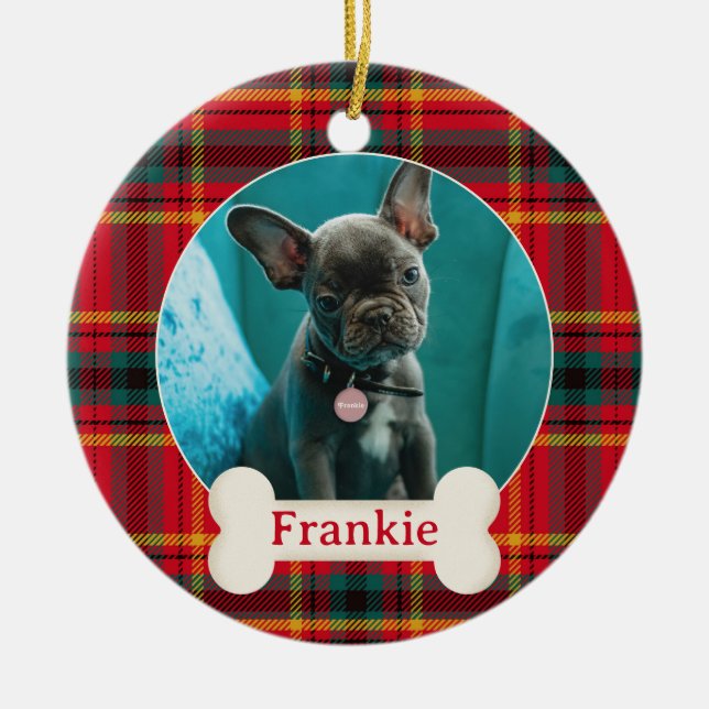Pet Photo & Name Christmas Red and Green Plaid  Ceramic Ornament (Front)