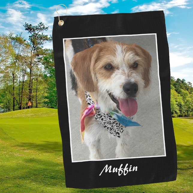 Pet Photo & Name, Customize, Black & White Golf Towel (Creator Uploaded)