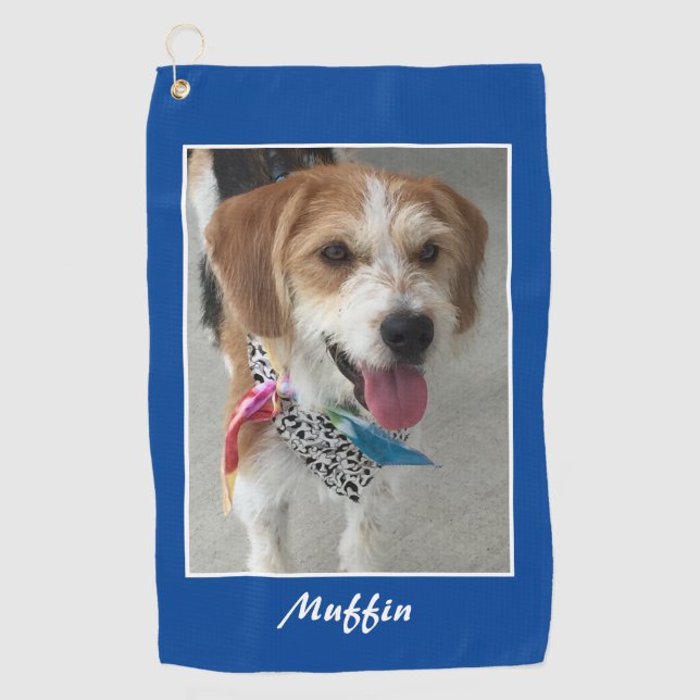 Pet Photo & Name, Customize, Deep Blue & White Golf Towel (Front)