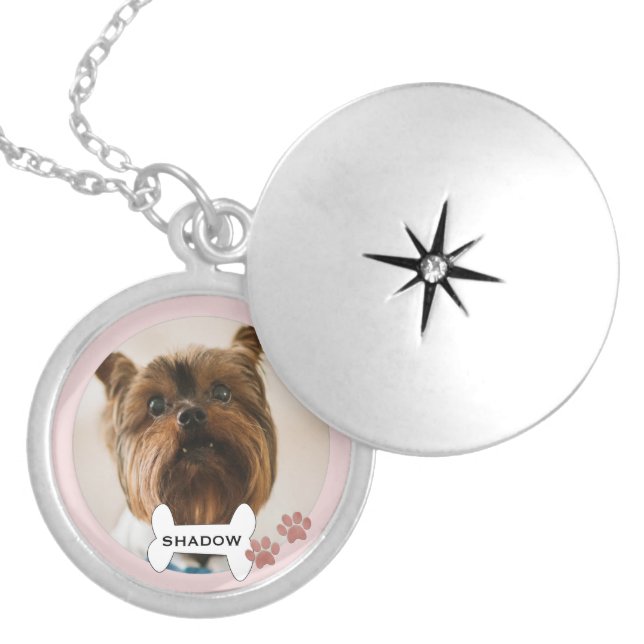 Pet Photo Name Keepsake Gift Pink Paw Prints Locket Necklace (Front)