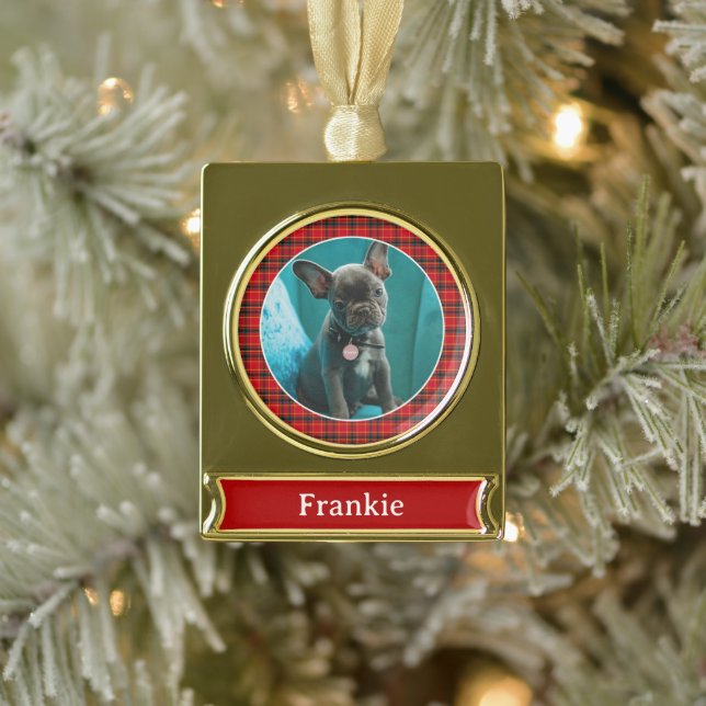 Pet Photo & Name with Red and Green Plaid Gold Plated Banner Ornament (Tree)