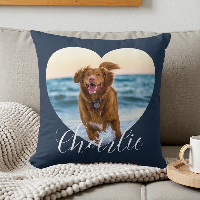 Pet Photo Navy Blue Script Heart Personalized Dog Throw Pillow (Pet Photo Navy Blue Script Heart Personalized Dog Throw Pillow)