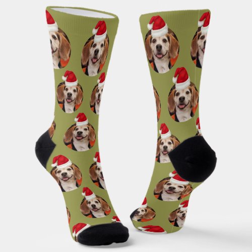 Pet Photo Olive Green Santa Hats Christmas Socks