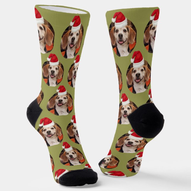 Pet Photo Olive Green Santa Hats Christmas Socks (Angled)