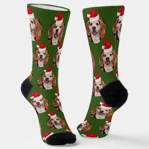 Pet Photo Pattern Forest Green Red Christmas Socks