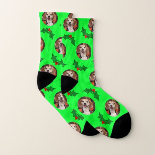 Pet Photo Pattern Green Red Holly Christmas Cute  Socks