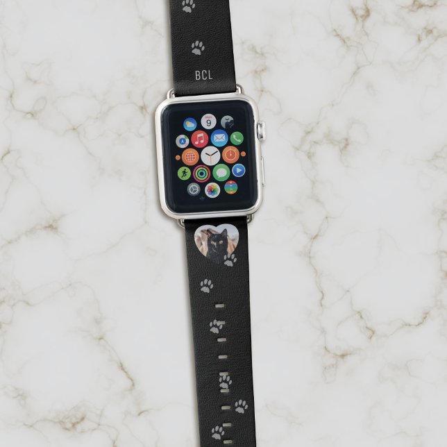 Pet Photo Paw Print Black Apple Watch Band (Upload a photo of your best friend and add your initials)