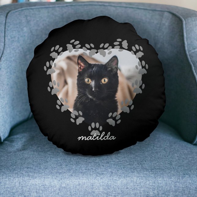 Pet Photo Paw Print Heart Black Cat Love Quote Round Pillow (Creator Uploaded)