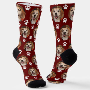 Pet Photo & Paw Prints Dog or Cat Maroon Custom Socks