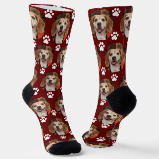 Pet Photo & Paw Prints Dog or Cat Maroon Custom  Socks