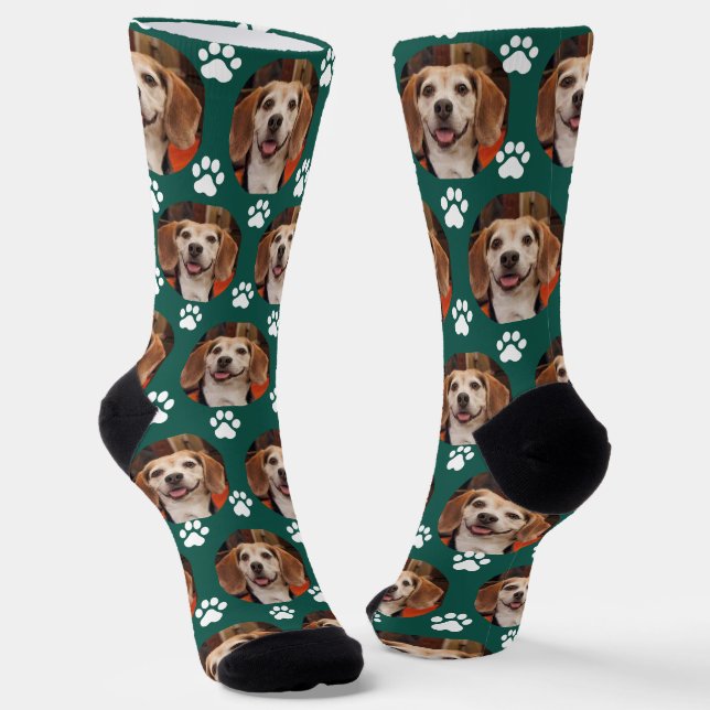 Pet Photo & Paw Prints Emerald Green Custom Socks (Angled)