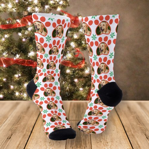 Pet Photo Pawprint  Snowflakes Pattern Christmas Socks