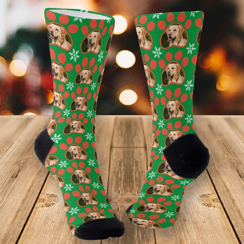 Pet Photo Pawprints  Snowflakes Green Christmas Socks