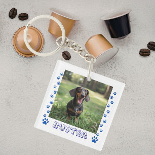 Pet Photo Paws Blue Personalize Keychain