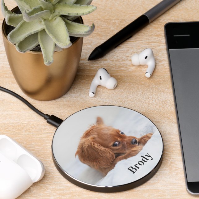 Pet photo personalized name dog cat elegant wireless charger  (Desk 2)