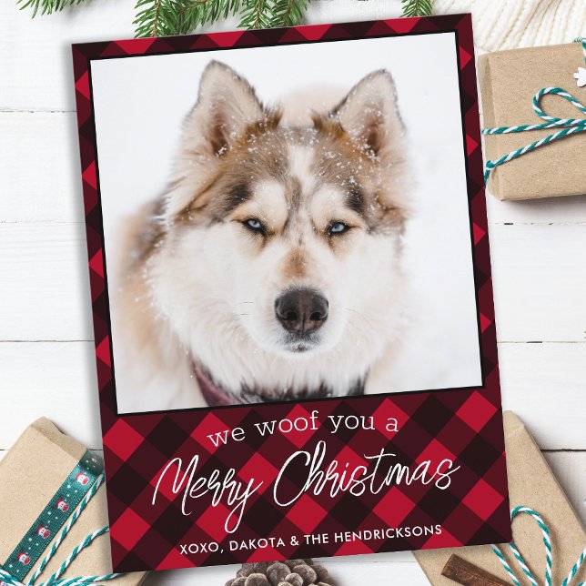 Pet Photo Personalized Red Plaid Merry Christmas  Holiday Postcard (Creator Uploaded)