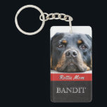 Pet Photo Personalized | Rottie Mom Rottweiler Dog Keychain<br><div class="desc">For Rottweiler dog lovers- Create your own pet photo keychain- Double sided- same on both sides. Add your pet's photo at the top or keep the cute closeup photograph of a rottweiler dog's face. The bottom has a red ribbon which reads Rottie Mom in white lettering with black drop shadow...</div>