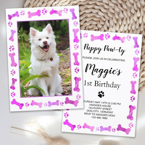 Pet Photo Pink Paw Prints Dog Birthday Invitation