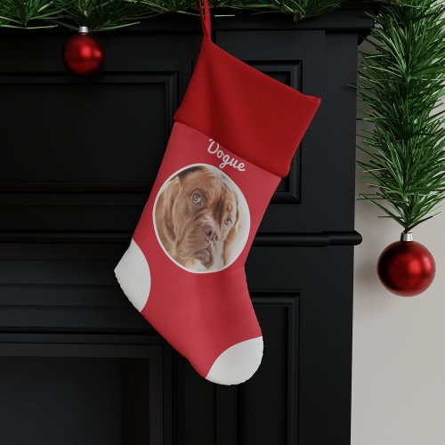 Pet Photo Red and White Dog Name Christmas Stocking