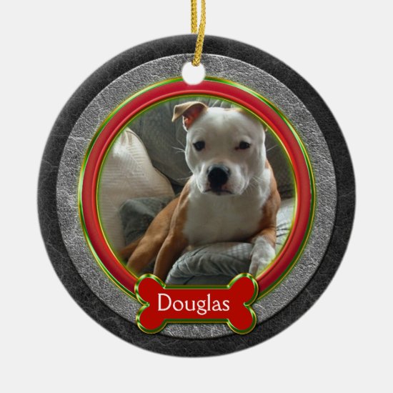 Pet Photo Red Green Gray Leather Christmas Ceramic Ornament