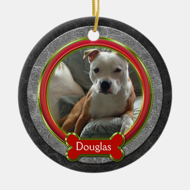 Pet Photo Red Green Gray Leather Christmas Ceramic Ornament (Front)